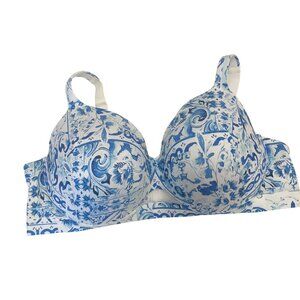 Cacique Womens 48DD White Blue Floral Underwire Bra Adjustable Straps Plus Size